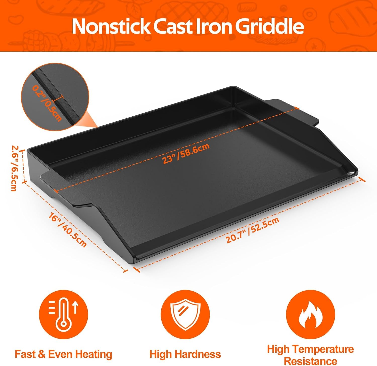 Onlyfire Pre-Seasoned Universal Cast Iron Cooking Griddle, 23″ x 16″ | Nonstick