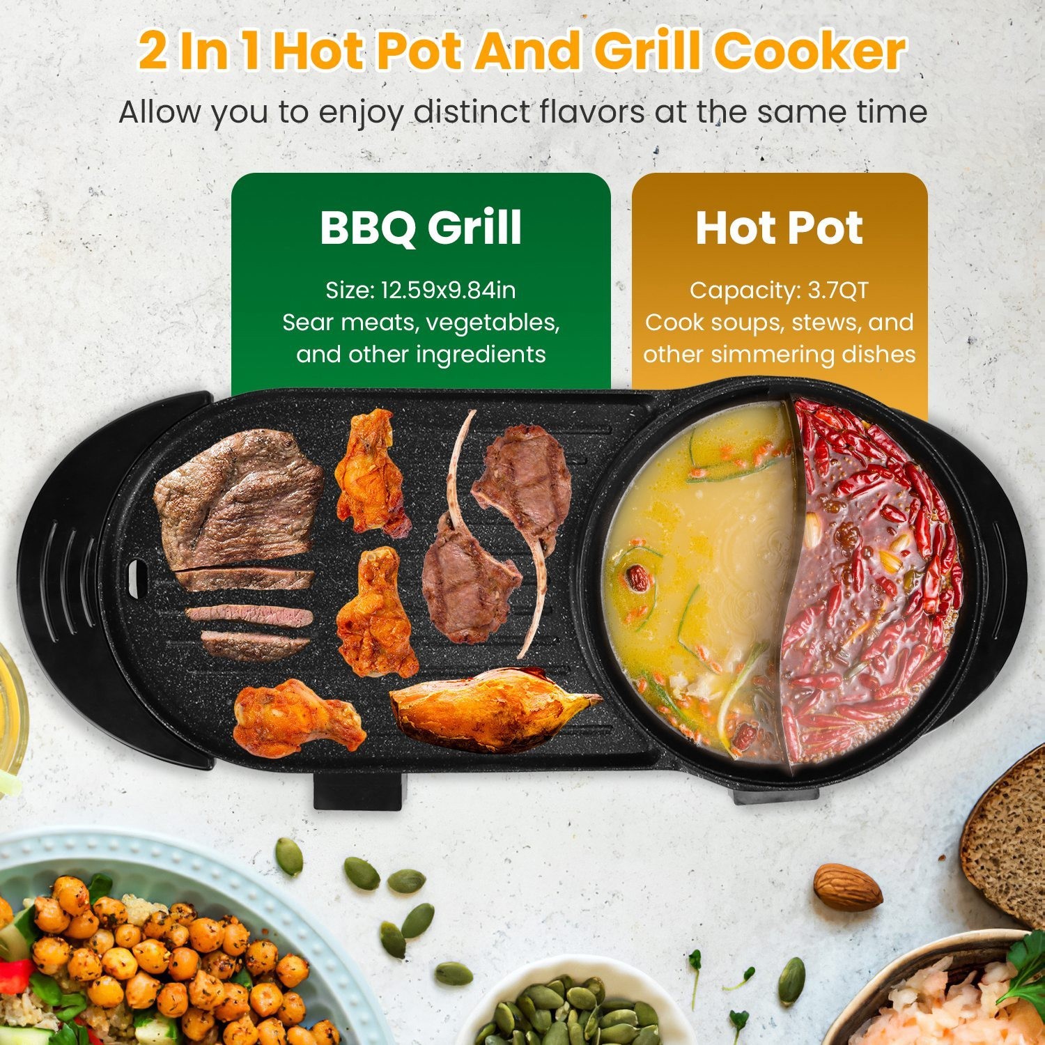 2In1 Electric Hot Pot Grill Combo 2200W Non-Stick Separate Temp Control BBQ Pan