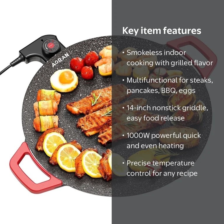 AORAN Electric Round Grill Griddle 14in 1200W Nonstick Temp Control Black/Red