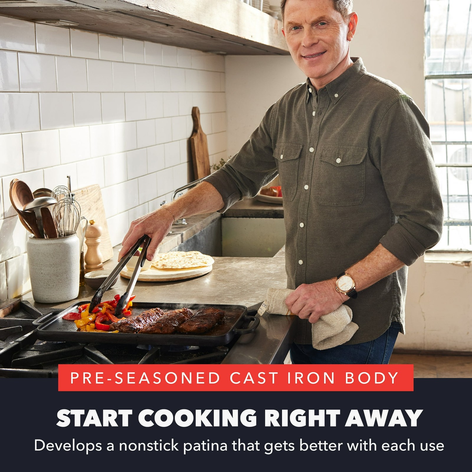 Bobby Flay Cast Iron Pre-Seasoned 11” Reversible Double Burner Rectangle Grill/G