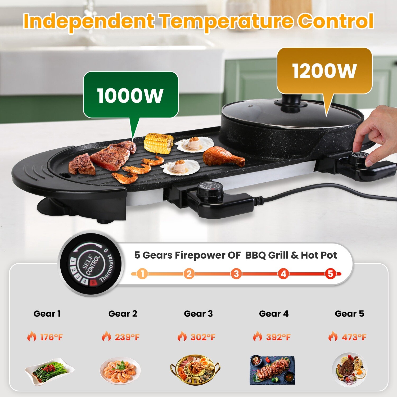 2200W Electric Hot Pot & BBQ Grill Cooker Non-Stick BBQ Grill for Party Camping