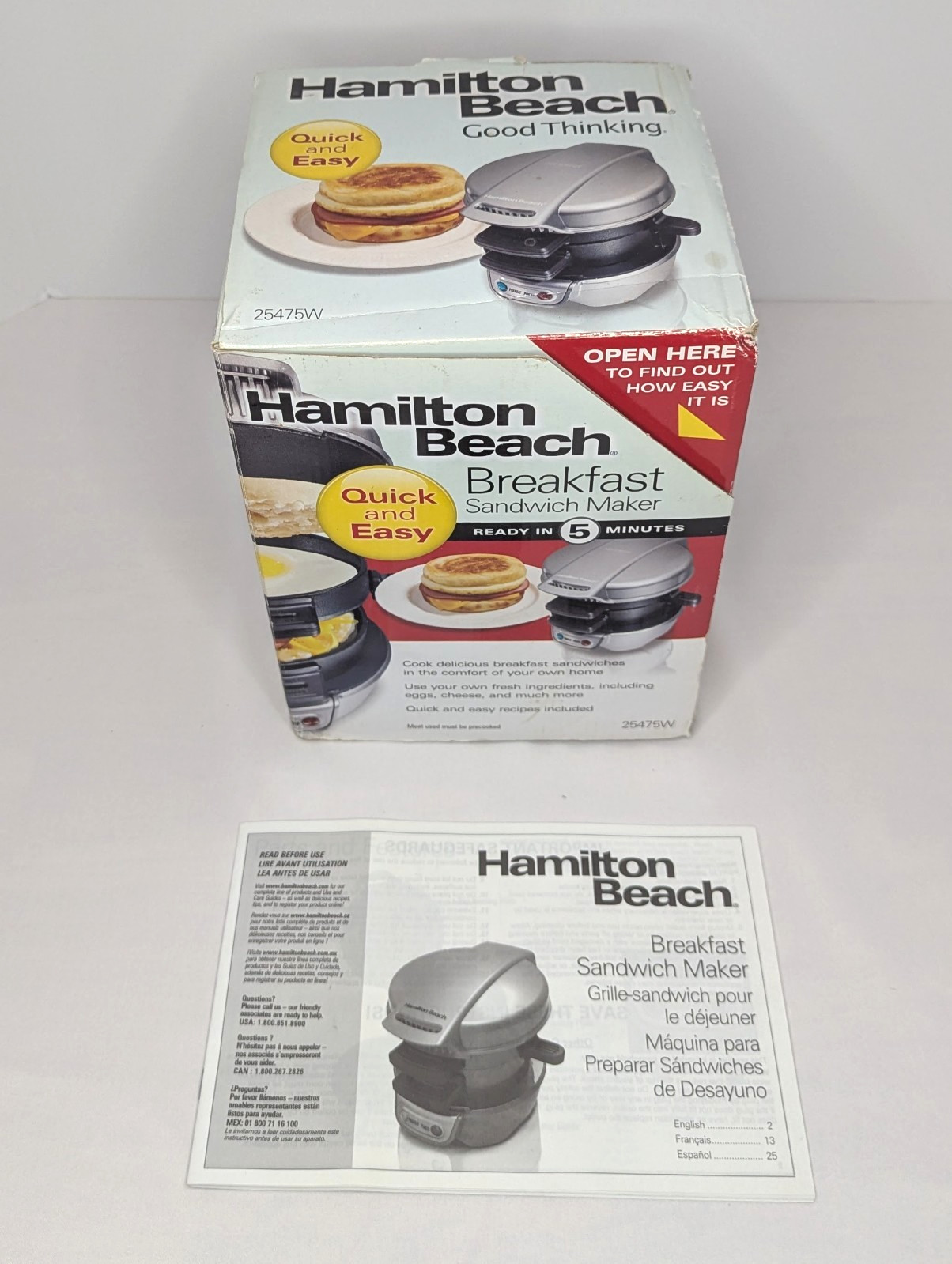 Breakfast Sandwich Maker Hamilton Beach #25475W Silver & Black / 5 Minutes NEW