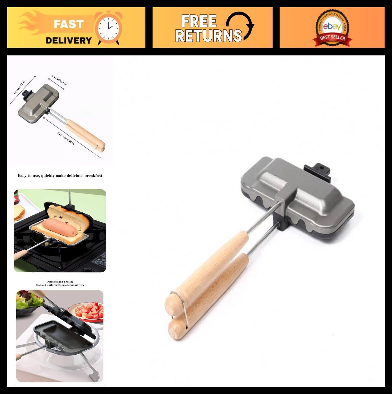 Double-Sided Hot Sandwich Maker & Toaster, Nonstick Frying Pan for Breakfast, Re