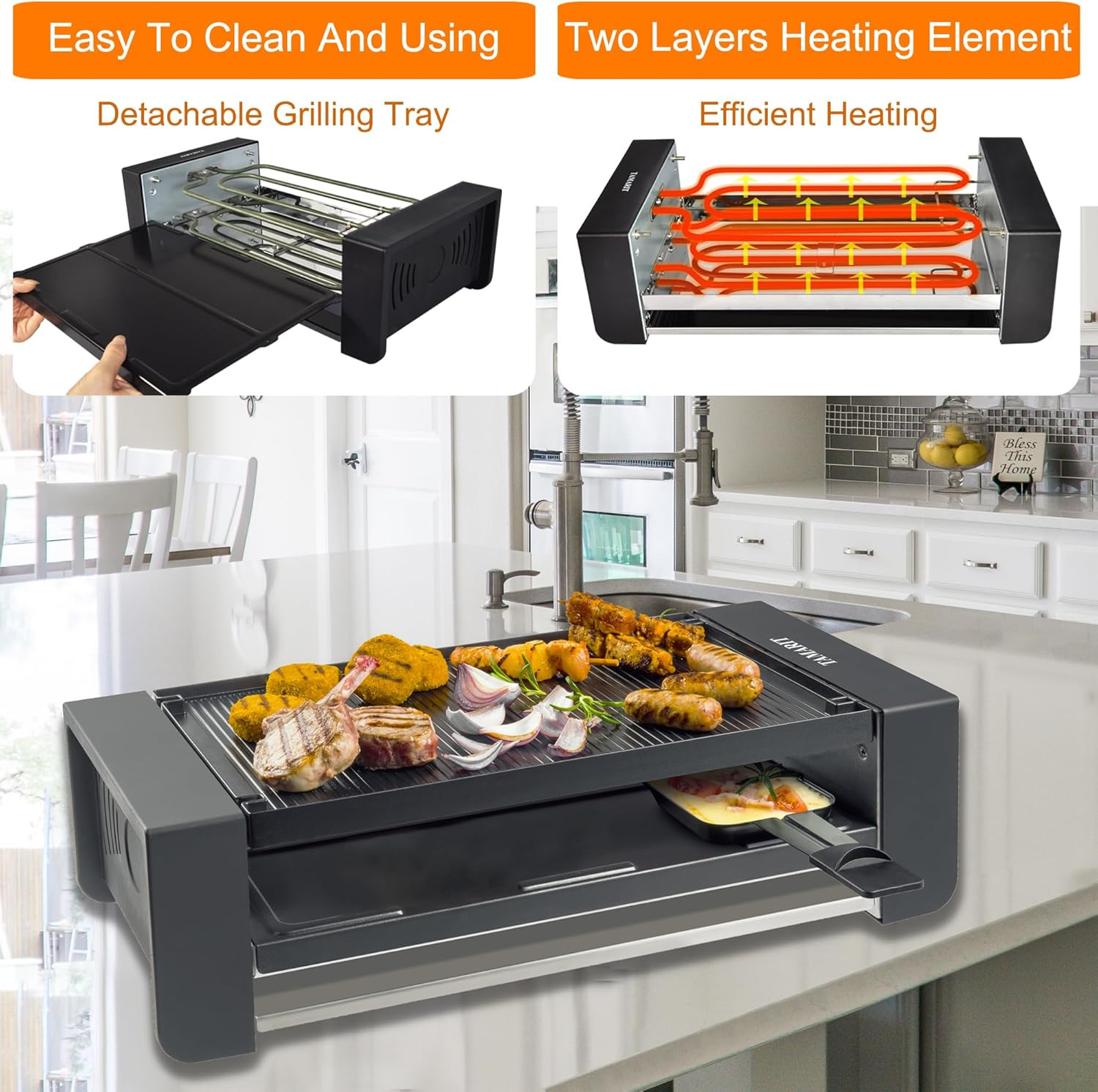 TAMARIT 3-Tier Raclette Party Grill, 1450W Indoor Electric Table Grill | Raclett