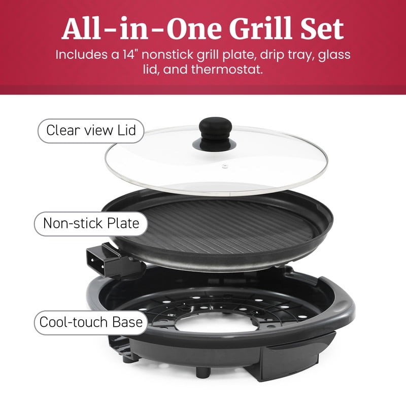 14-inch Electric BBQ Grill with Tempered Glass Lid