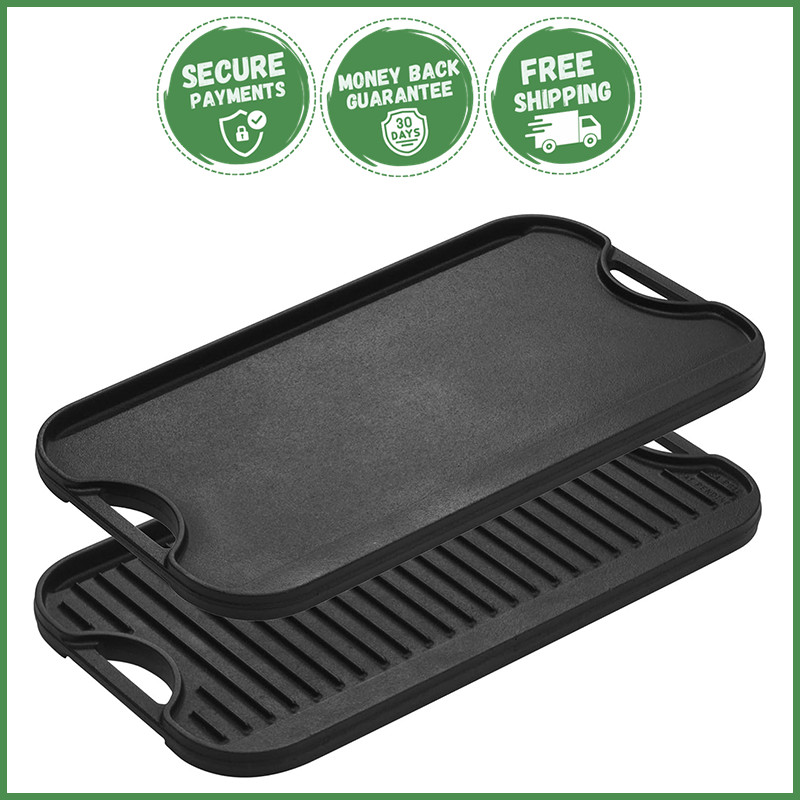 REVERSIBLE CAST IRON GRILL Griddle Double Burner Cookware Stovetops 20×10.5 INCH