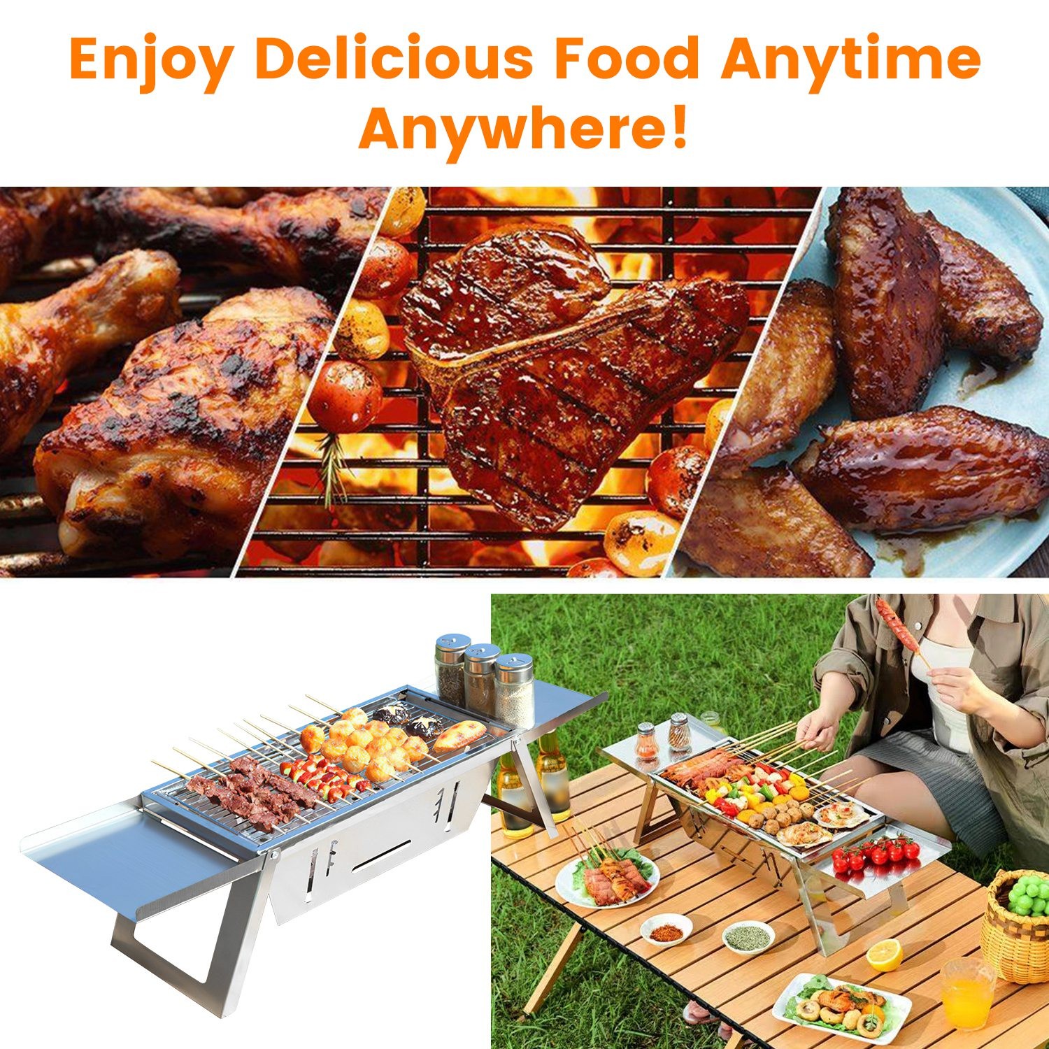 Heavy Duty Outdoor Camping Grill Picnic BBQ Adjustable Fire Grate Barbecue Grill