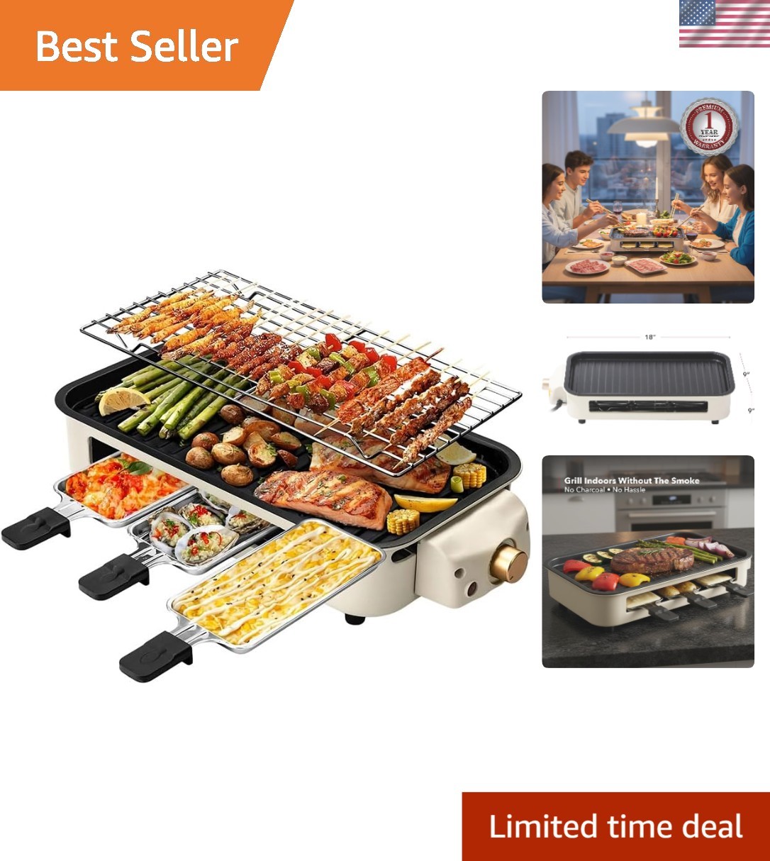 Compact 1500W Smokeless Grill with Removable Non-Stick Plates & 3 Raclette Trays