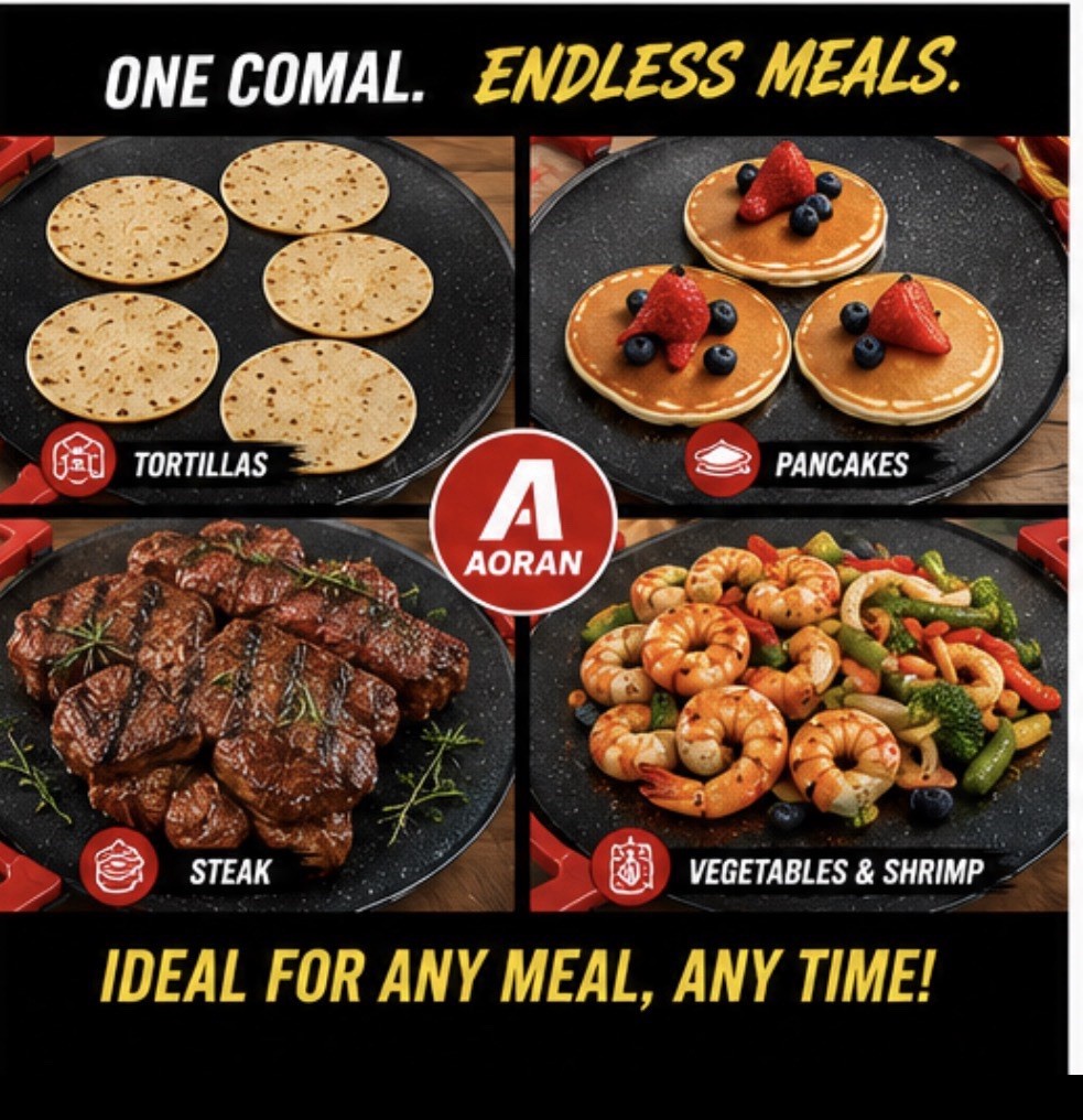 AORAN 16in Round Electric Comal Griddle 1000W Non-Stick Temp Control Black
