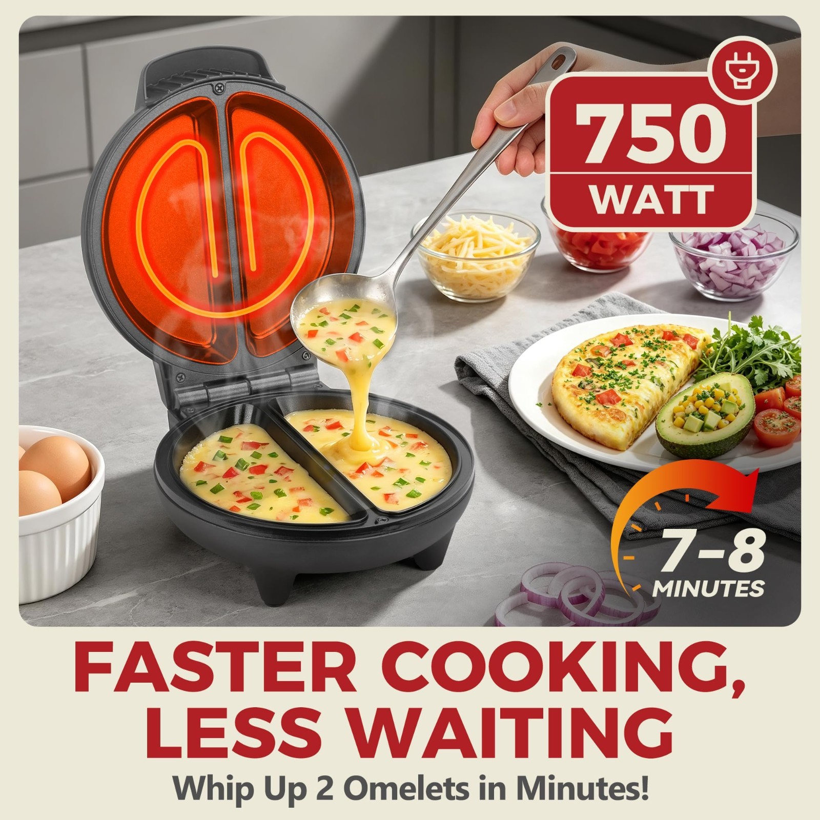 Dual-Zone Electric Omelette Maker for 2, Nonstick Ceramic Pan, Breakfast Frittat
