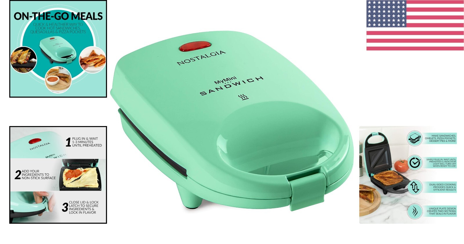 Portable MyMini Sandwich Maker – 1200W Mint Green Panini Press for Quick Meals