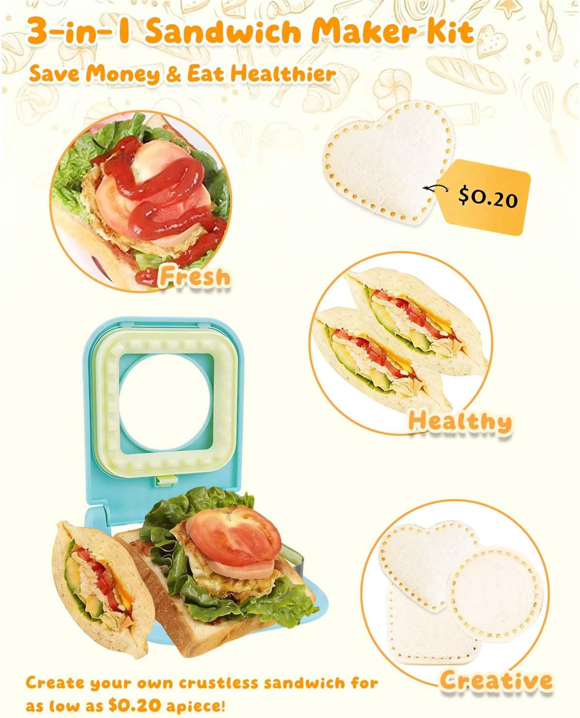 3-In-1 Uncrustable Sandwich Maker – Heart/Circle/Square Crustless
