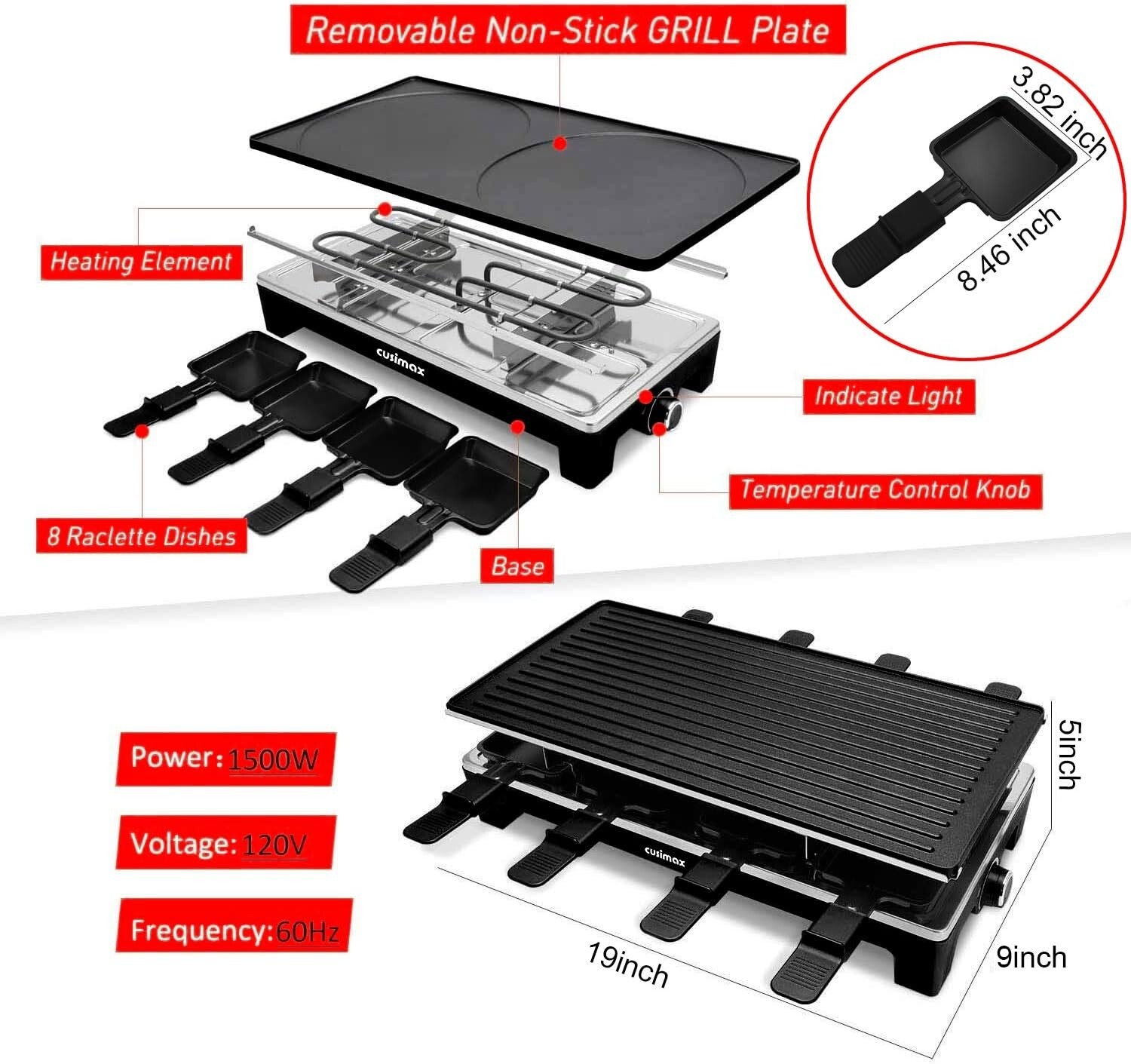 Indoor Electric Grill with Non-Stick Reversible Plate & 8 Heat-Resistant Trays