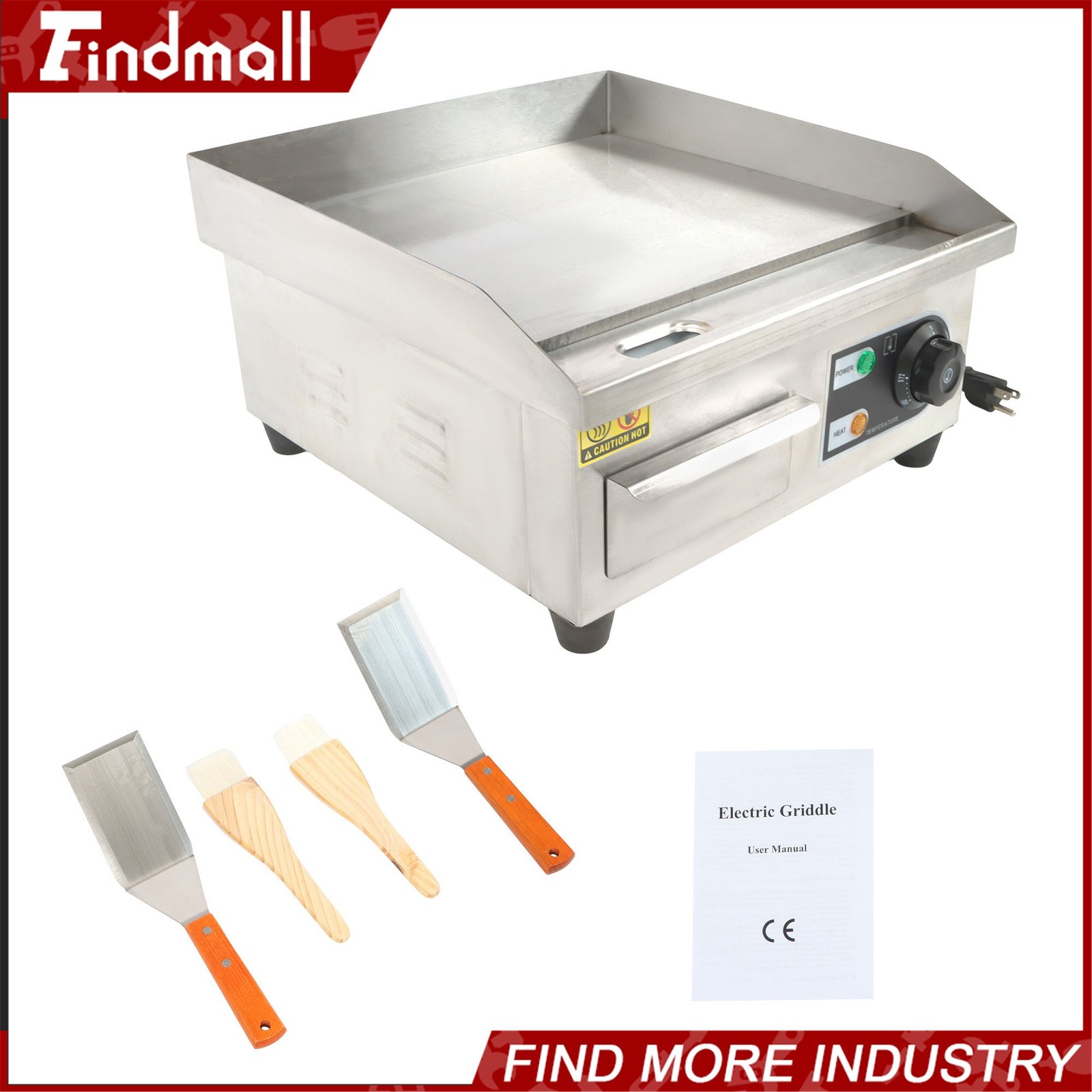 Electric Griddle with 2 Shovels & 2 Brushes, 1500W, 14in Stainless Steel