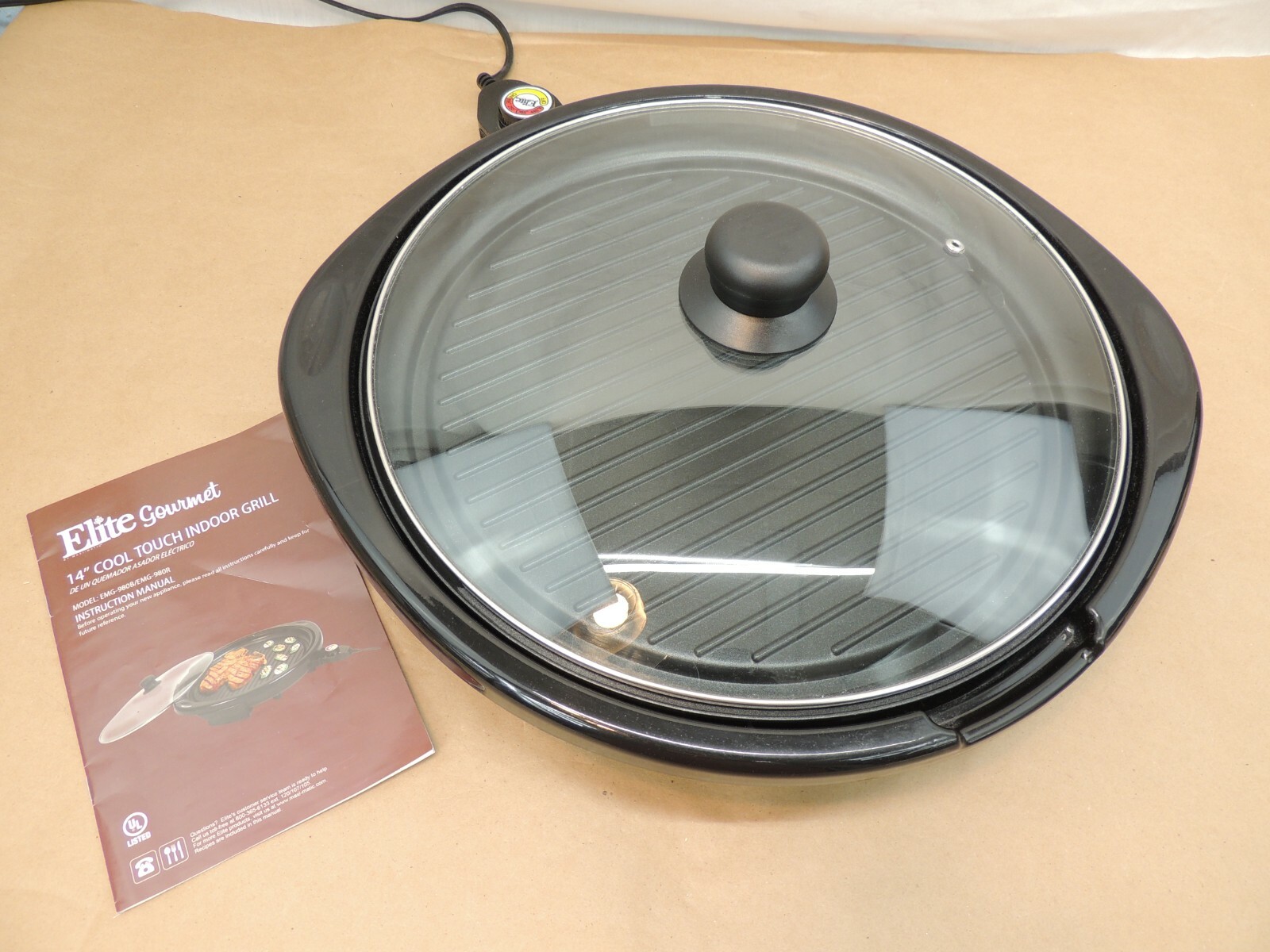 ELITE GOURMET 14″ COOL TOUCH INDOOR GRILL w/ 1300W GLASS LID PMT 220