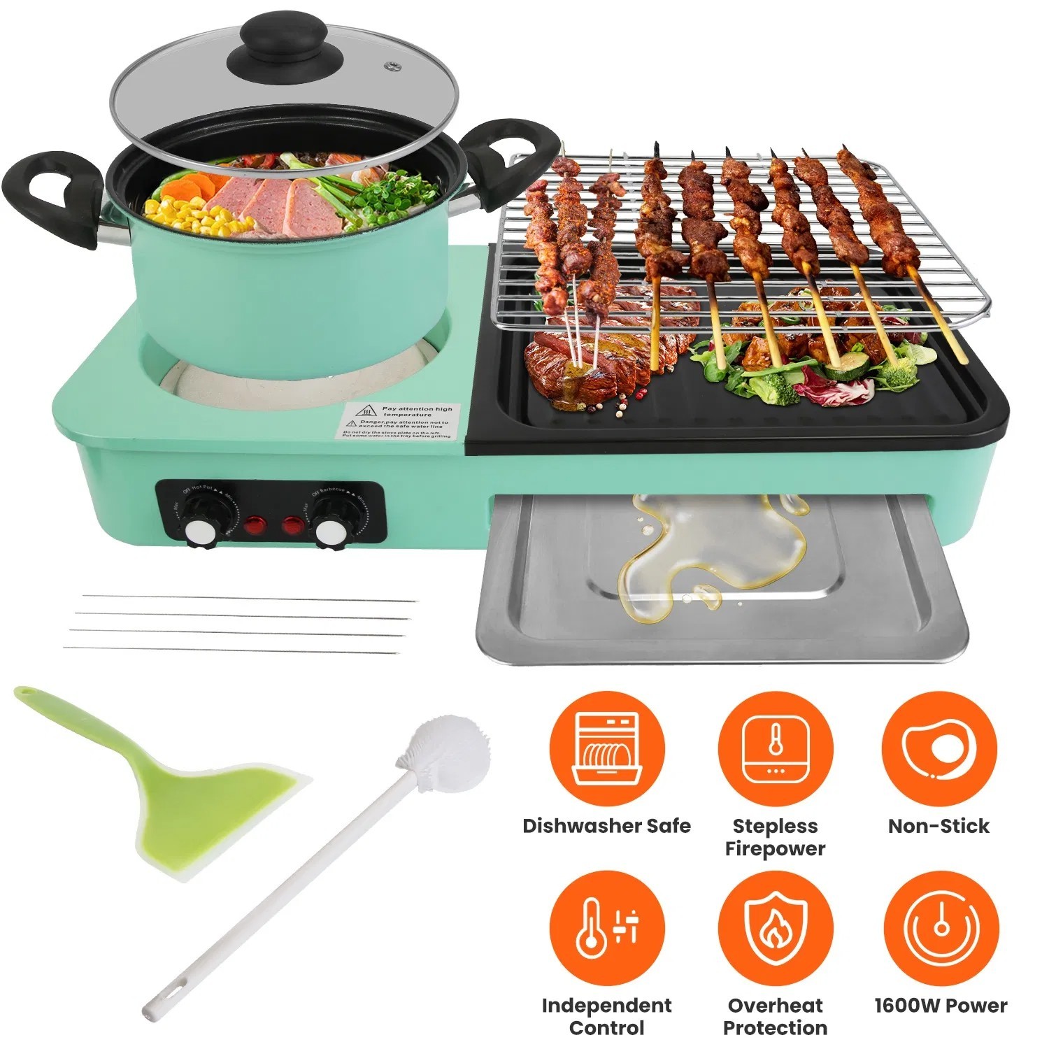 3 in 1 Electric Hot Pot with Grill 1600W Smokeless Non-Stick Korean BBQ Grill