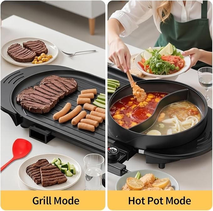 AORAN 2200W Electric Grill & Hot Pot Combo with Dual Zone Control – 26.6″ Lar…