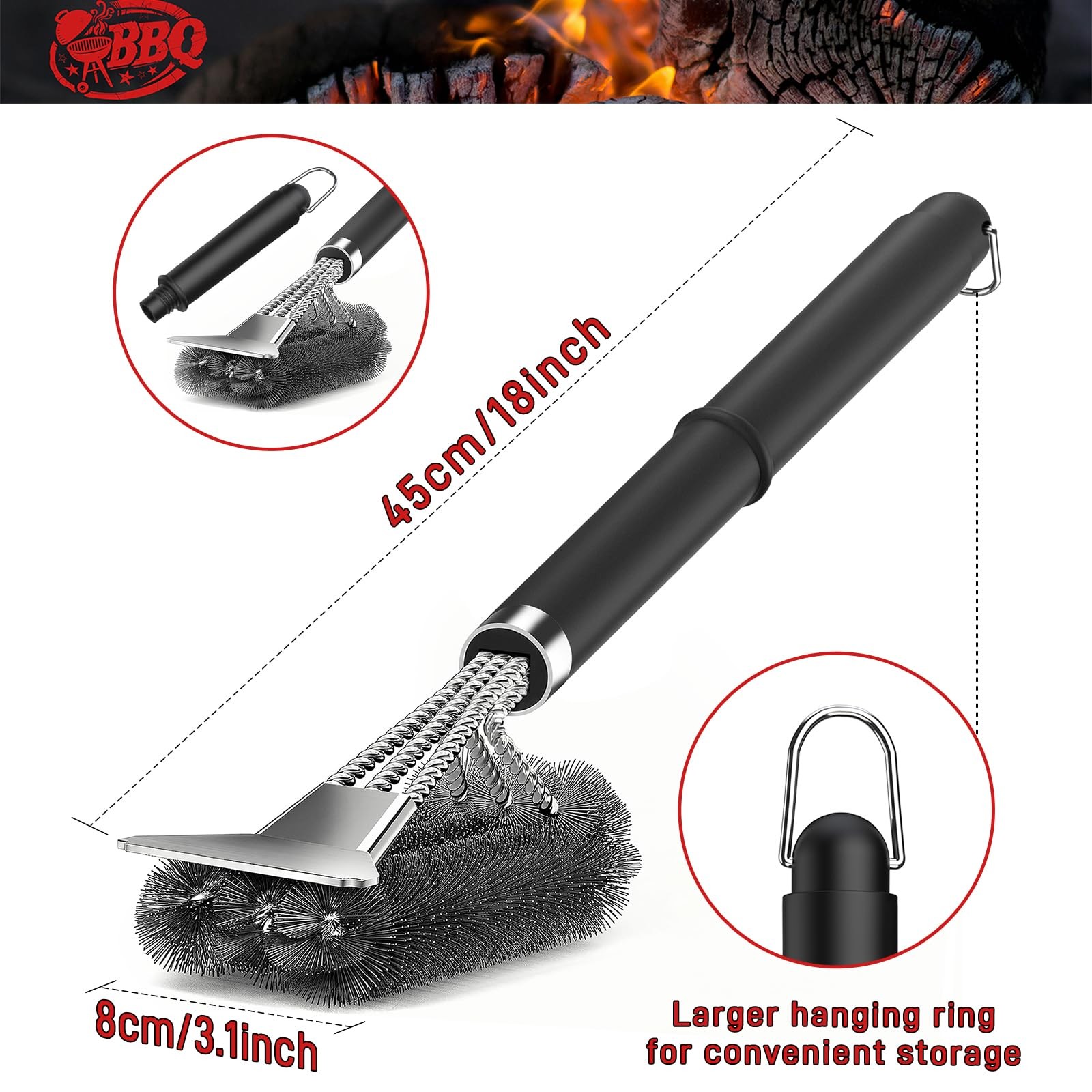 TNTOR Grill Brush with Scraper, 18″ Adjustable 35 x 15 x 10 cm, Silver Black