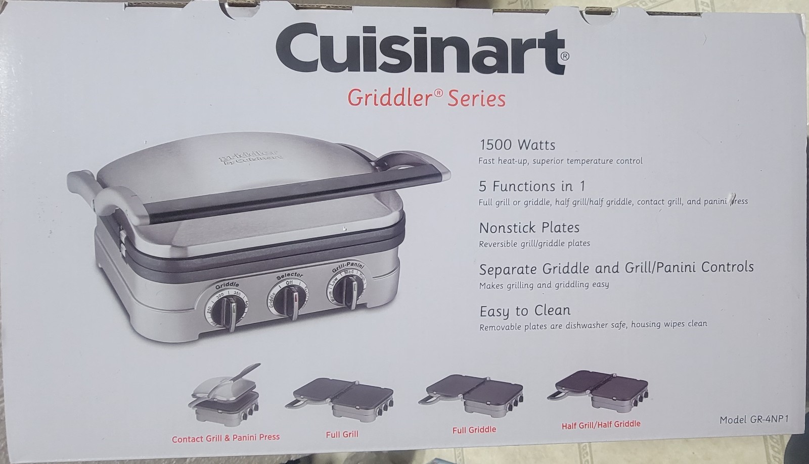 CUISINART GRIDDLER SERIES, SILVER, 1500 WATTS, 5 FUNCTIONS, MODEL GR-4NP1, GREAT
