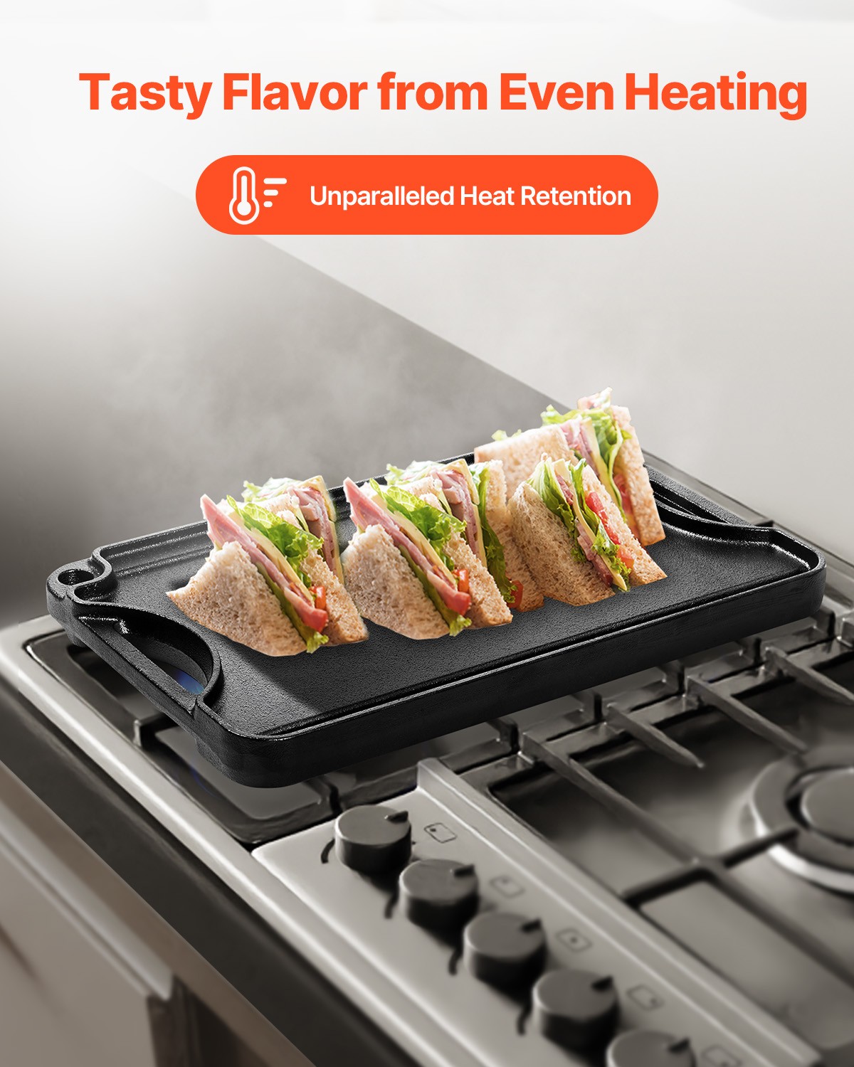 VEVOR 14×8.5 inch Reversible Grill Griddle Pre-Seasoned BBQ Pan Cast Iron Black