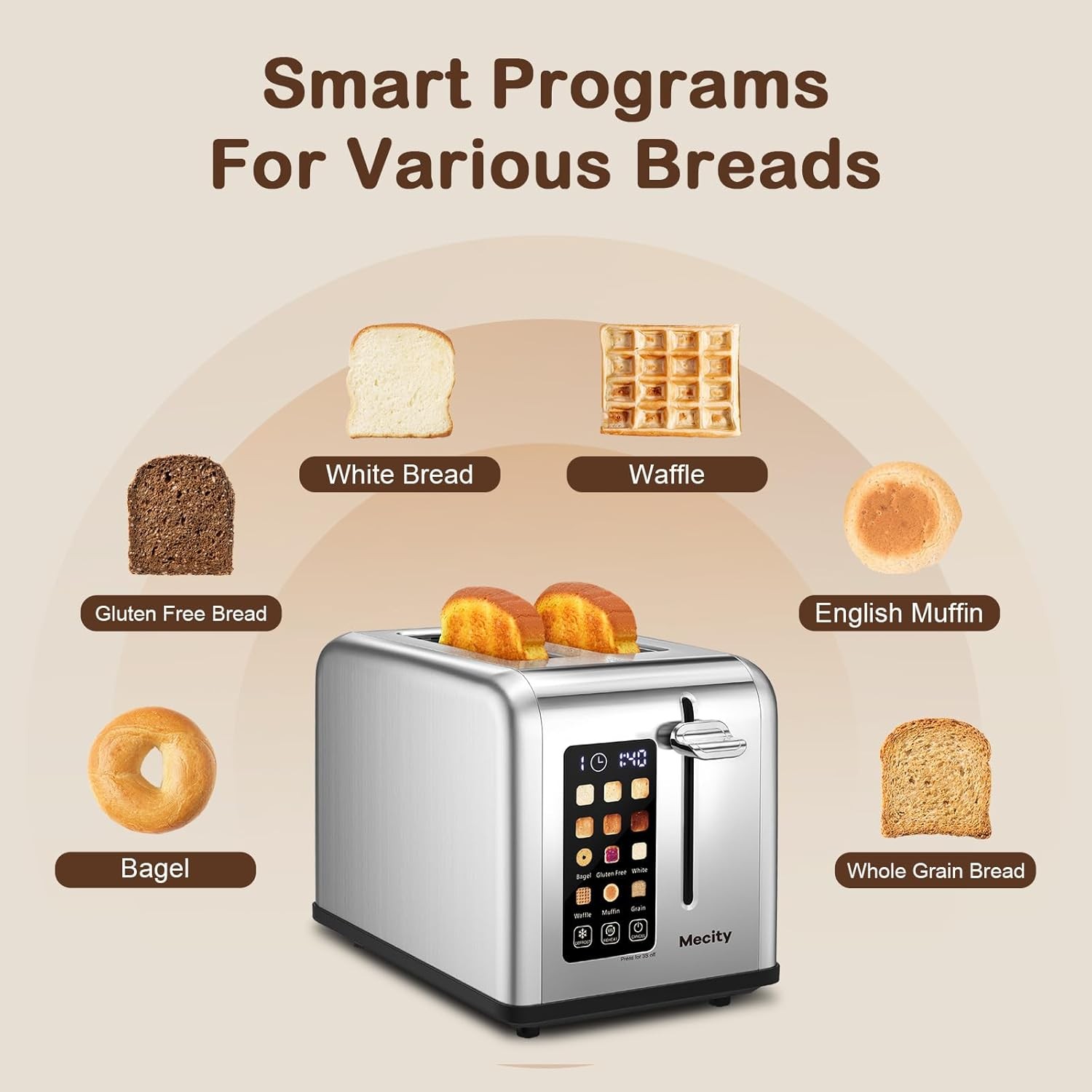 Mecity 2 Slice Toaster Touch Screen 1.5″ Wide Slot, Stainless Steel