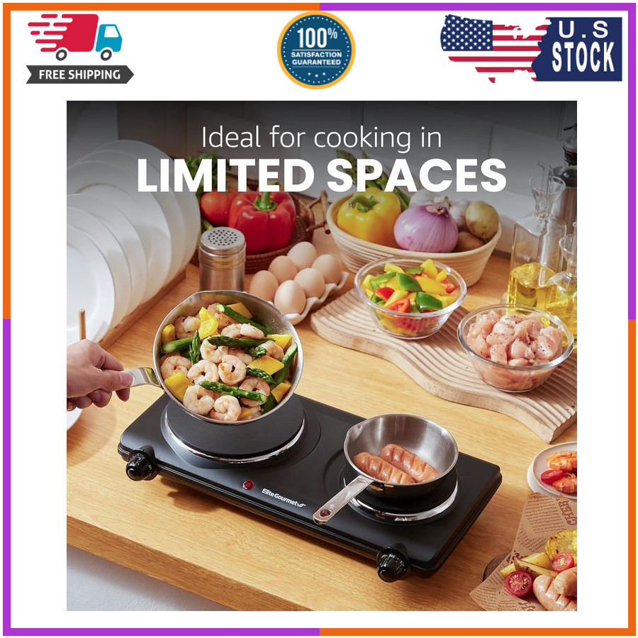 Elite Gourmet EDB-302BF# Countertop Double Cast Iron Burner, 1500 Watts Electric