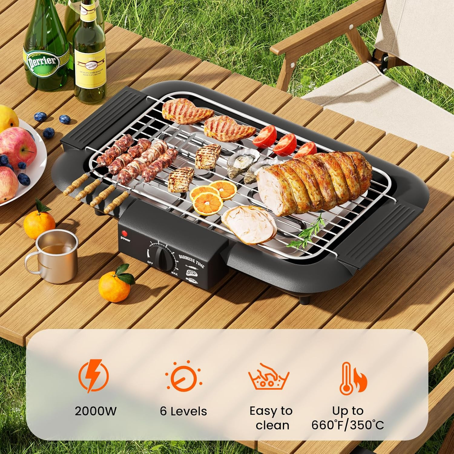 Electric BBQ Grill, Smokeless Non-Stick Indoor/Outdoor Barbecue Grill, 2000W Dou