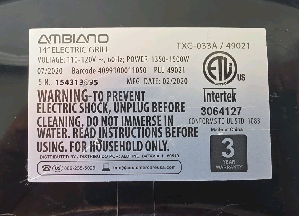 Ambiano 14″ Indoor Electric Grill 1500W Black Non-Stick Dishwasher Safe *No Cord