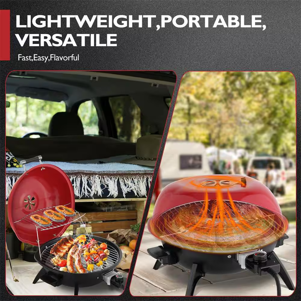 1600W Electric Countertop BBQ Grill Portable Double Layer Electric Grill in Red