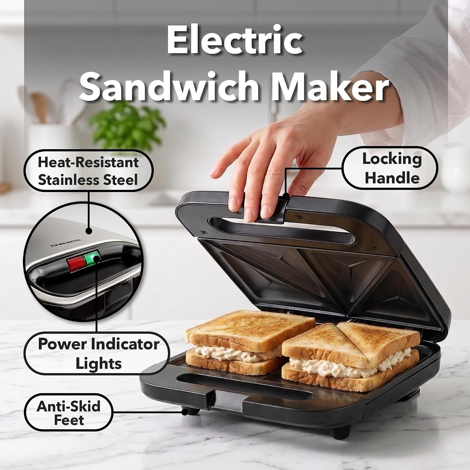 Electric Sandwich Maker, 750W Non-Stick Plates, Black GPS401B | Perfect for Gril