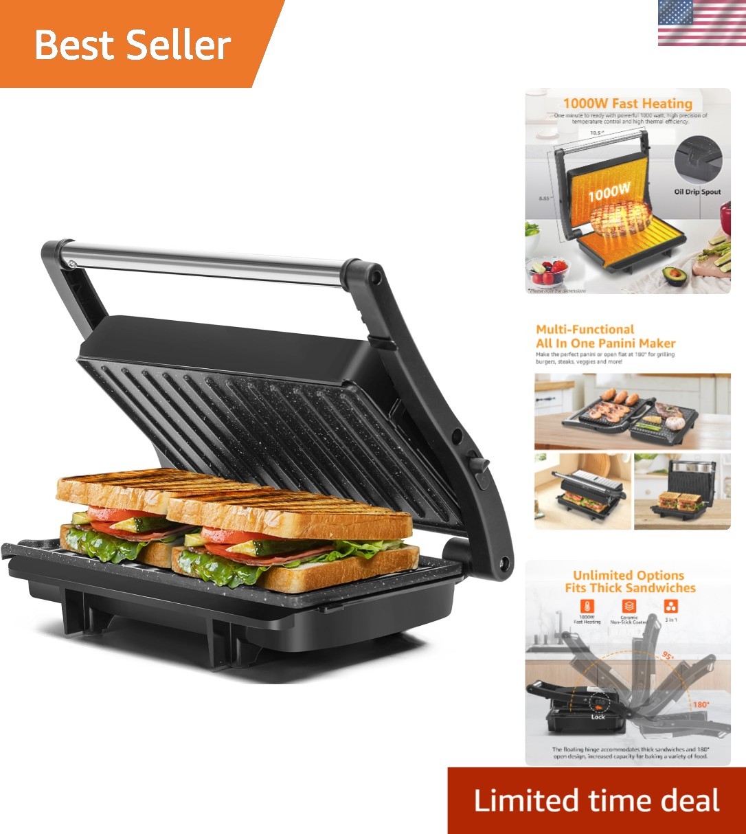 Compact & Stylish 1000W Panini Grill with Locking Lid – Perfect for Small Spaces