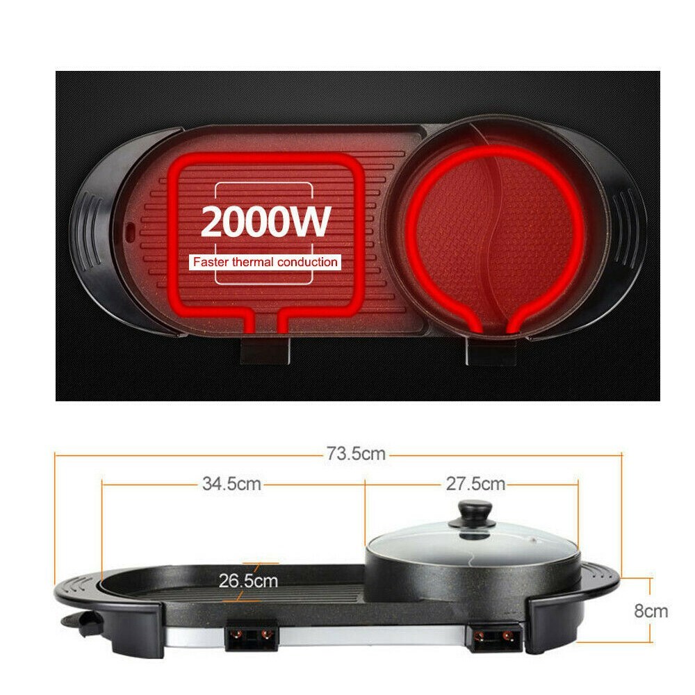2 in 1 Portable Electric Hot Pot Barbecue Grill Non-Stick Teppanyaki Pan EP