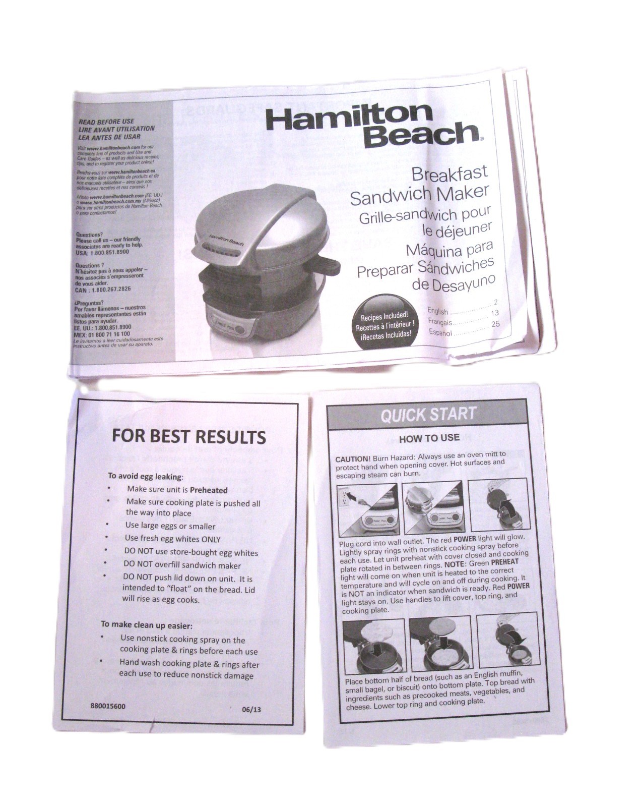 Hamilton Beach Breakfast Sandwich Maker 25475A Original Packaging & Instructions