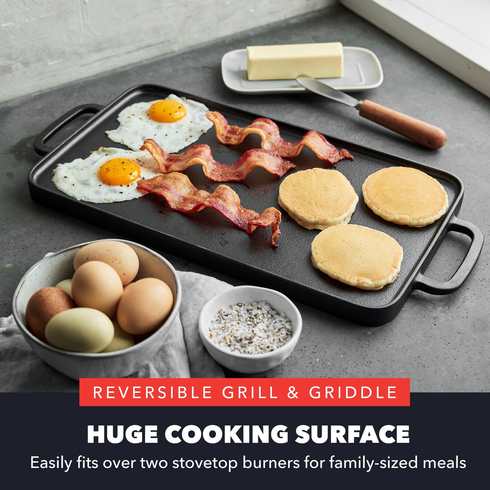 Bobby Flay GreenPan Cast Iron Reversible Grill Griddle 16.5 x 9.5 Preseasoned