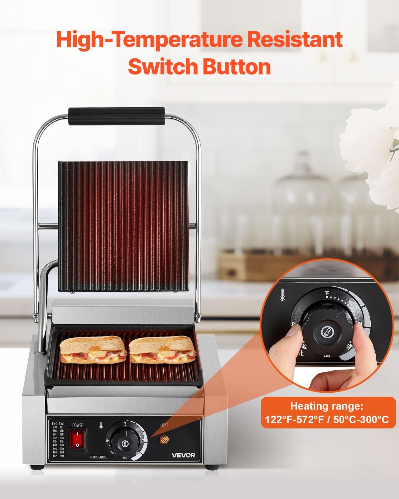 1800W Electric Panini Grill Sandwich Maker, Stainless Steel, Temp Control, Groov