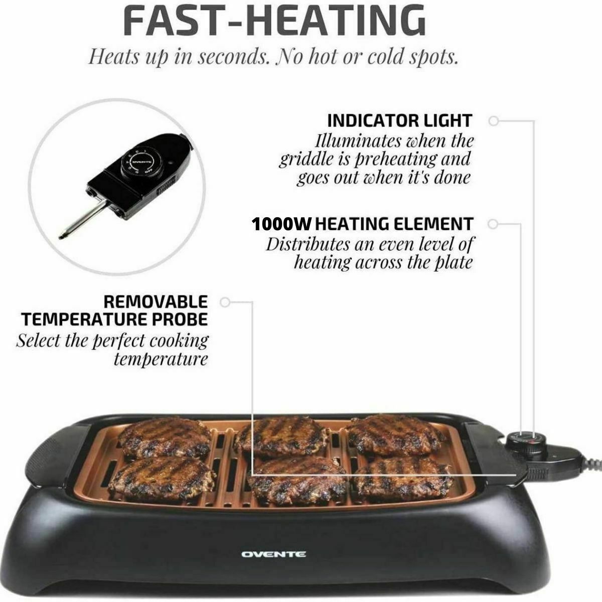 Ovente Electric Cooking Grill 13 x 10 Inch Nonstick Flat Plate Copper GD1632NLCO