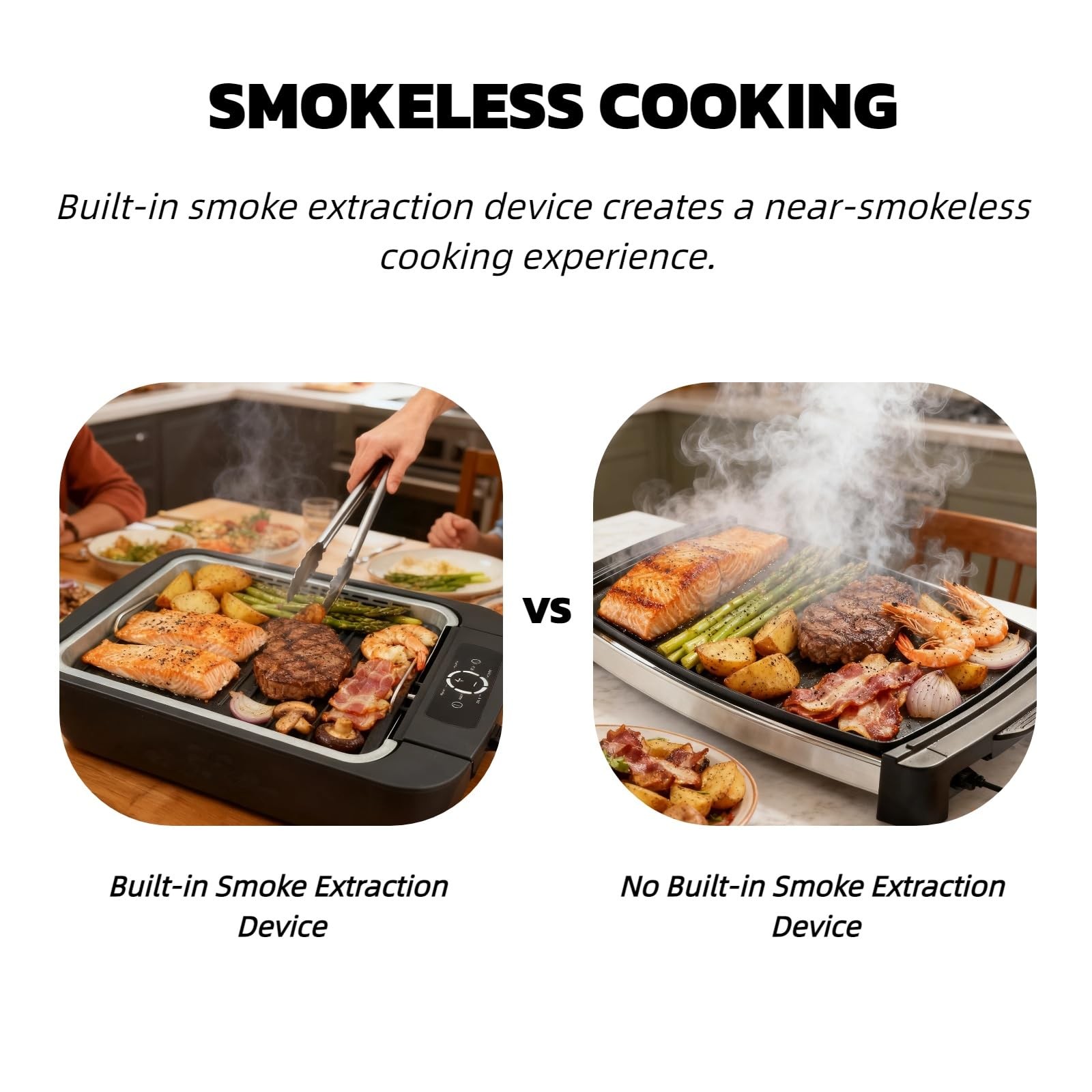 Indoor Smokeless Grill & Griddle, 1100W Electric Gill for BBQ, Smoke Extraction
