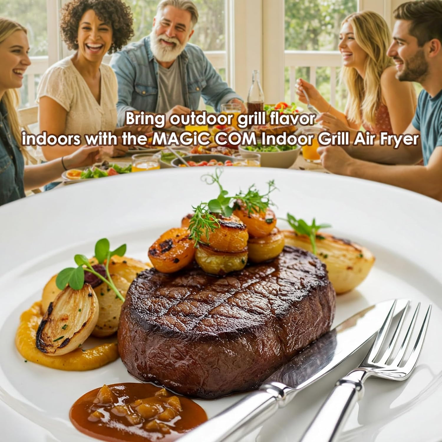 Magic COM Indoor Grill Air Fryer Combo, 7-In-1 Electric Grill with Steak, Roast,