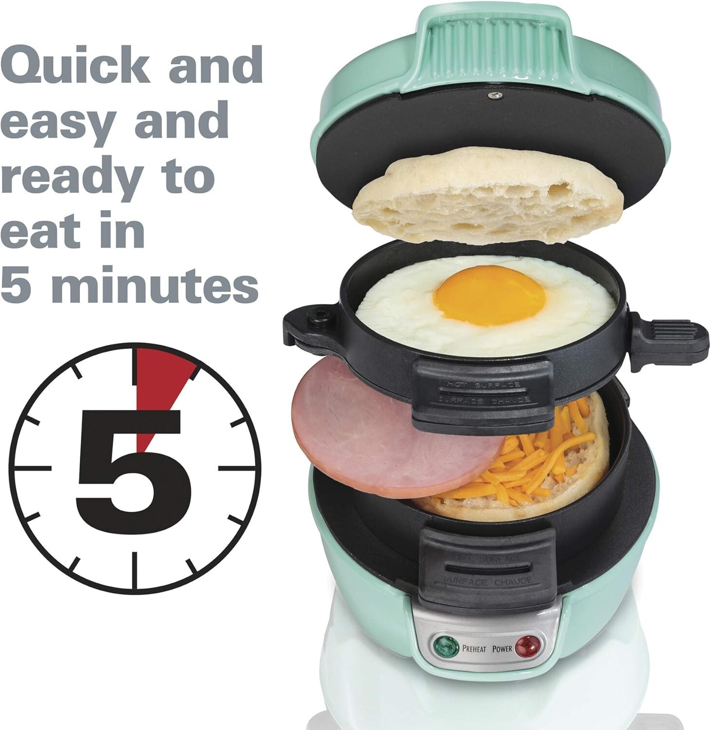Hamilton Beach Breakfast Sandwich Maker with Egg Cooker Ring Mint 25482 New