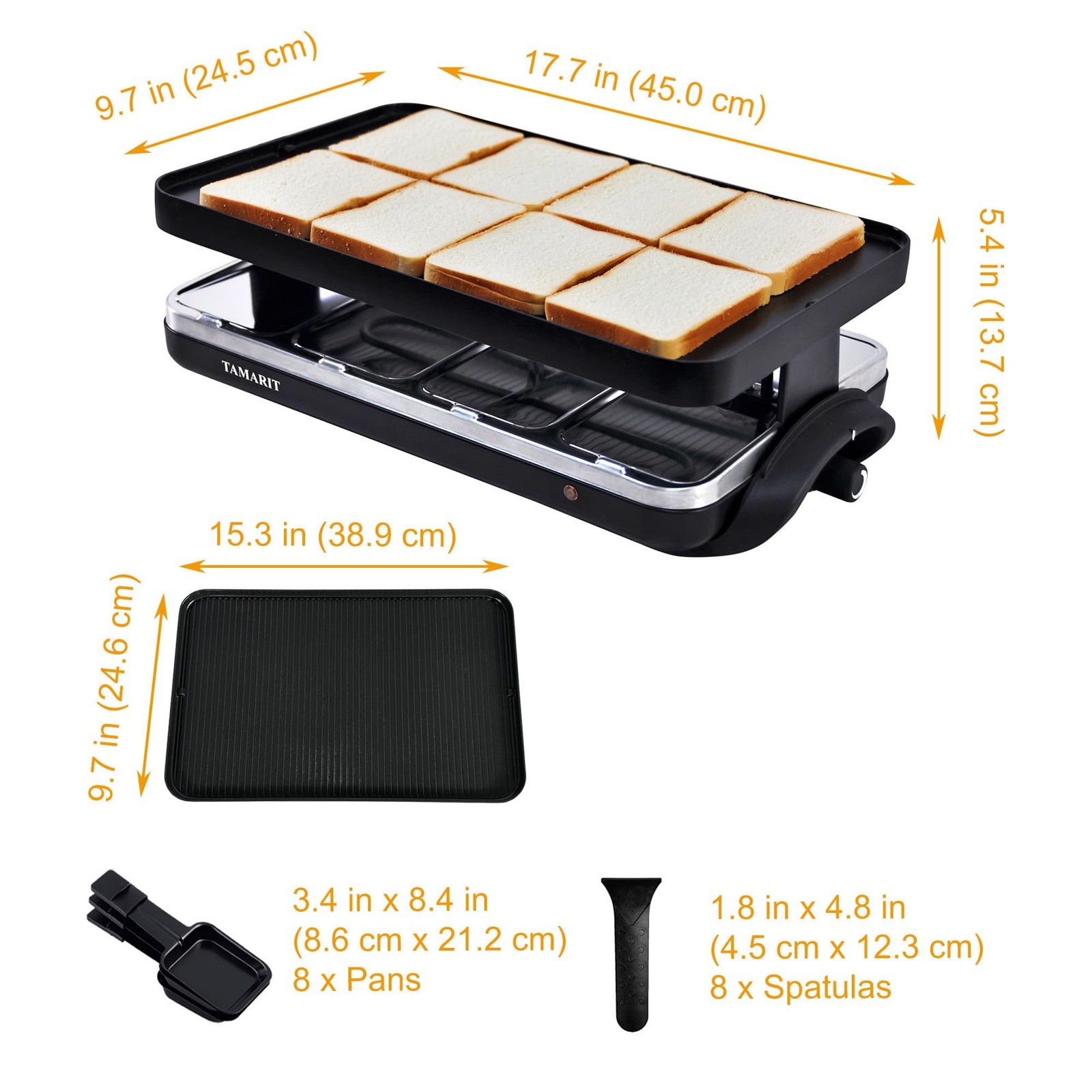 TAMARIT Classic 8 Person Raclette Grill 1500W Electric Tabletop Griddle