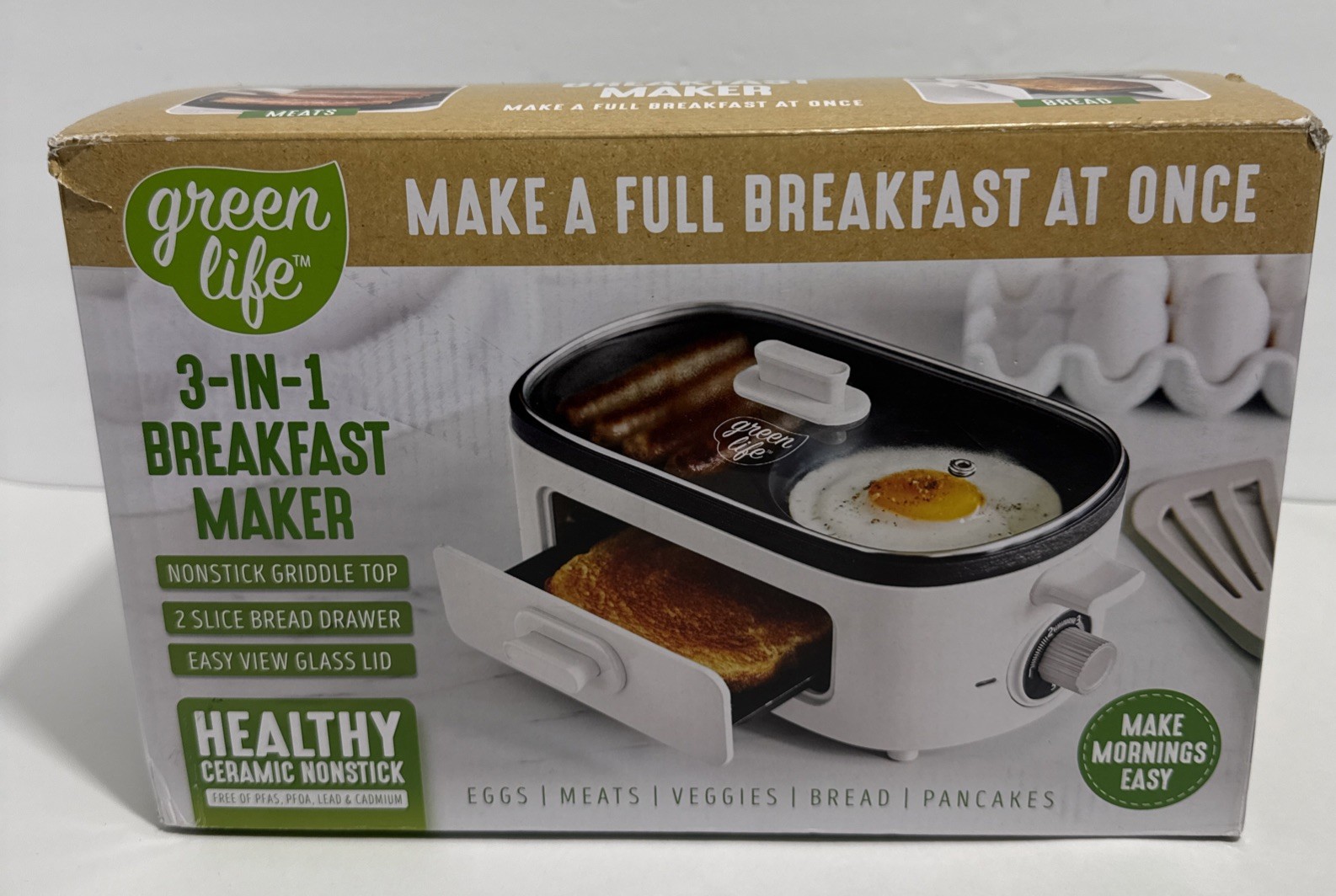 GreenLife 3-in-1 Breakfast Maker Station, Healthy Ceramic Nonstick Dual Griddles