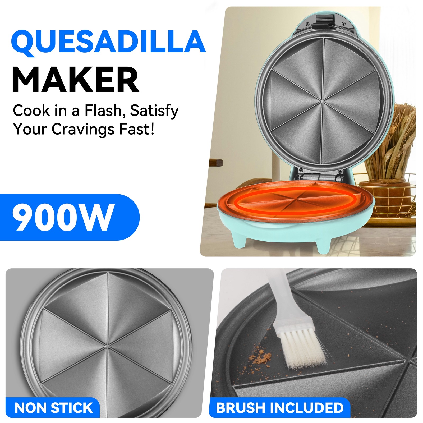 8 Inch 6-Wedge Quesadilla Maker, Non-Stick Surface, Non-Slip Feet, Aqua