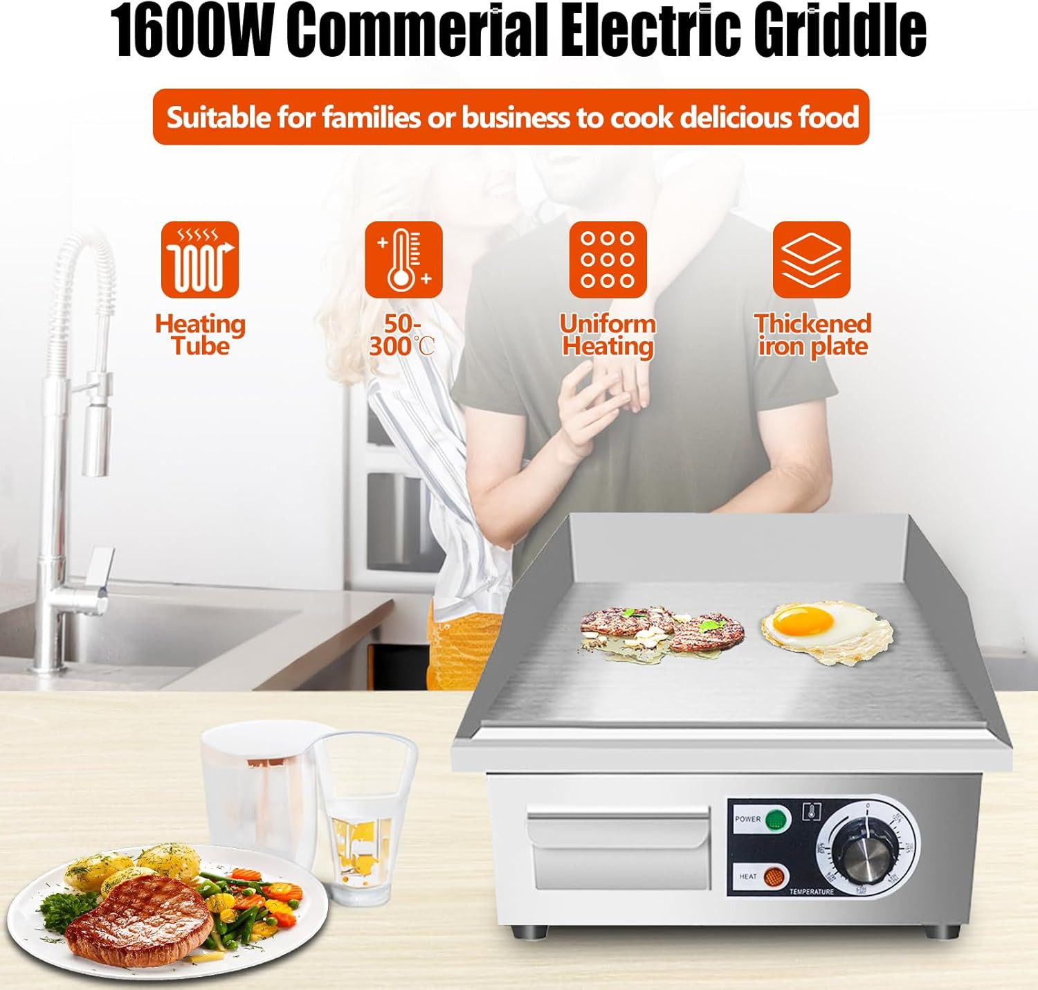 14″ Commercial Electric Griddle,Electric Countertop Flat Top Griddle,110V 1500W