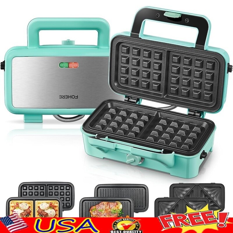 3 in 1 Waffle Maker Sandwich Maker Panini Press 1200W Non Stick Easy Clean Blue