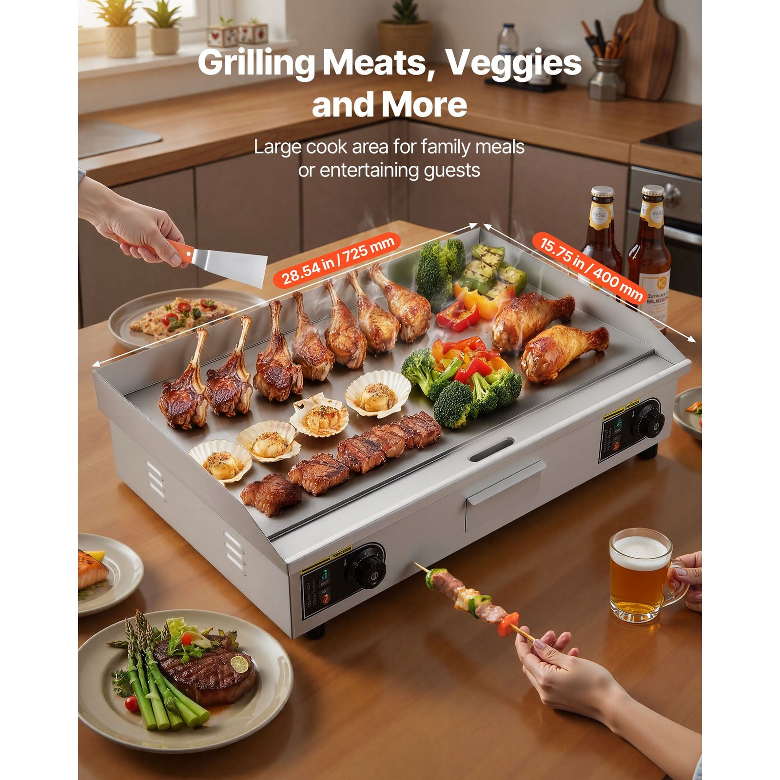 Stainless Steel Electric Griddle 28.5×15.8in, 4400W, Temp-Controlled