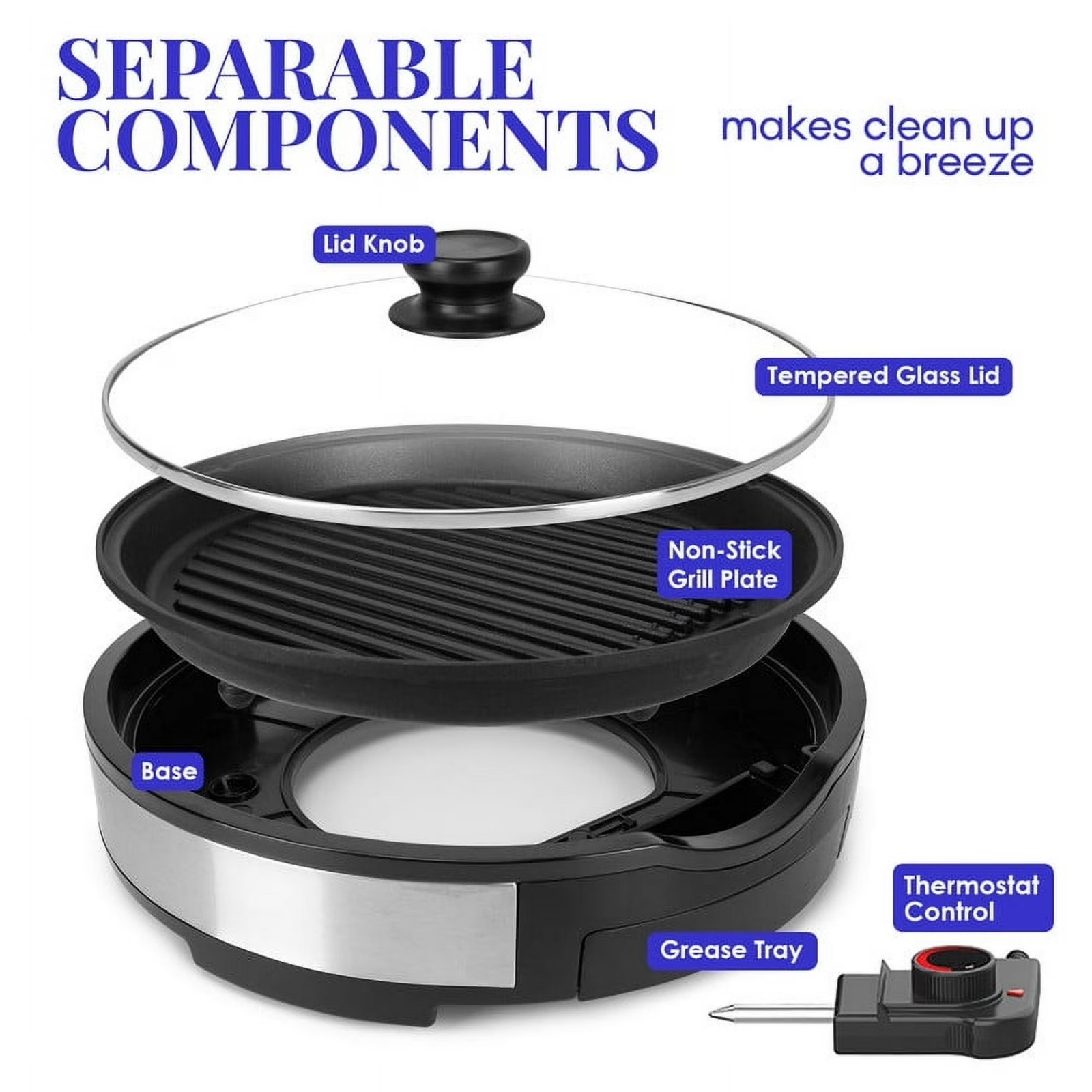 EMG1560 12” Deluxe Indoor Grill with Tempered Glass Lid, Stainless Steel