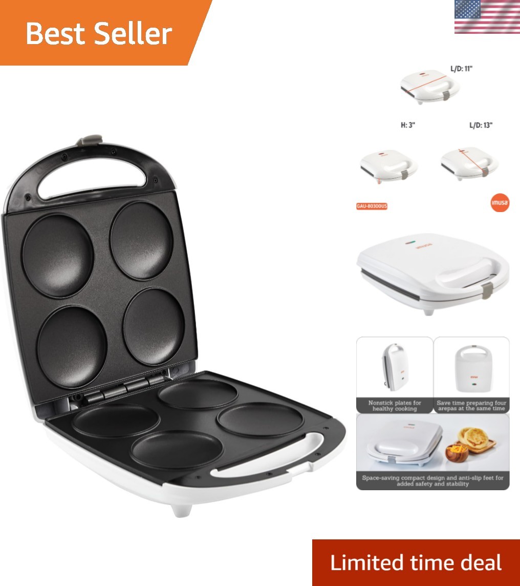 GAU-80300 4 Slot Electric Arepa Maker with Nonstick Surface 1,200-Watts, White