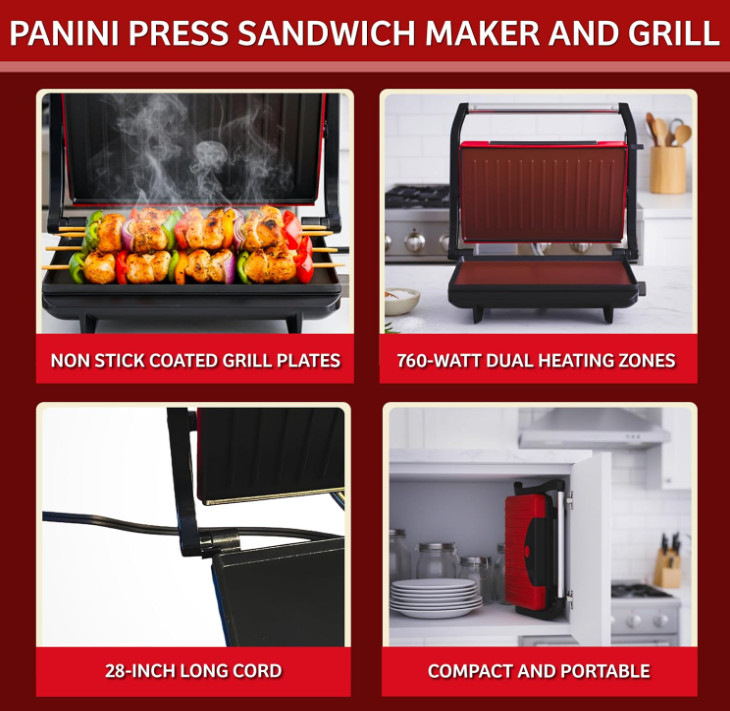 Parrilla panini eléctrica con placas antiadherentes para sándwiches y carnes roj