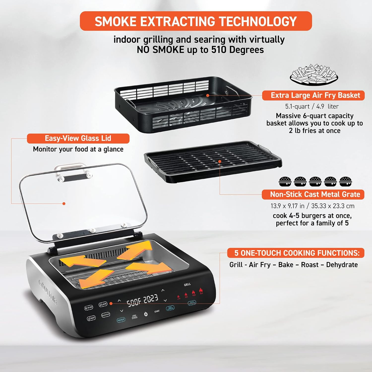 Smokeless Indoor Grill & Air Fryer Raclette Grill with Smoke Extracting Technolo