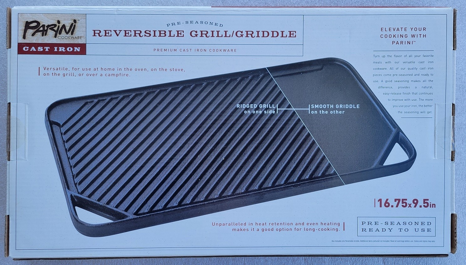 Parini Cookware Cast Iron Reversible Grill / Grittle Pre-seasoned 16.75inx9.5in